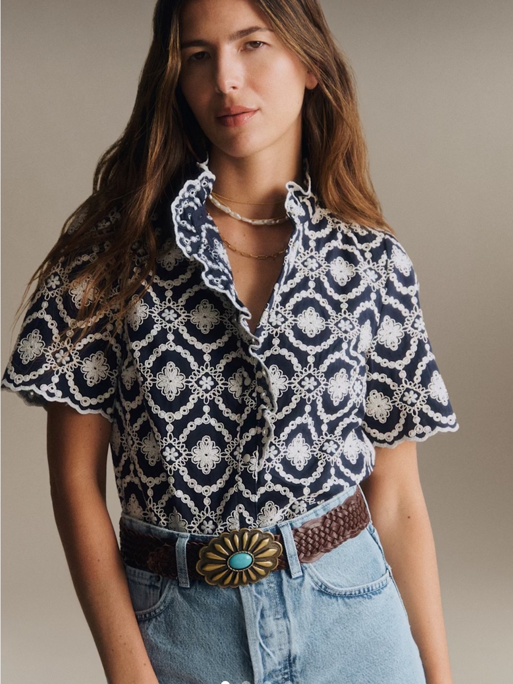 Sezane Dalhia Shirt Marine With Ecru Embroidery - Size 8